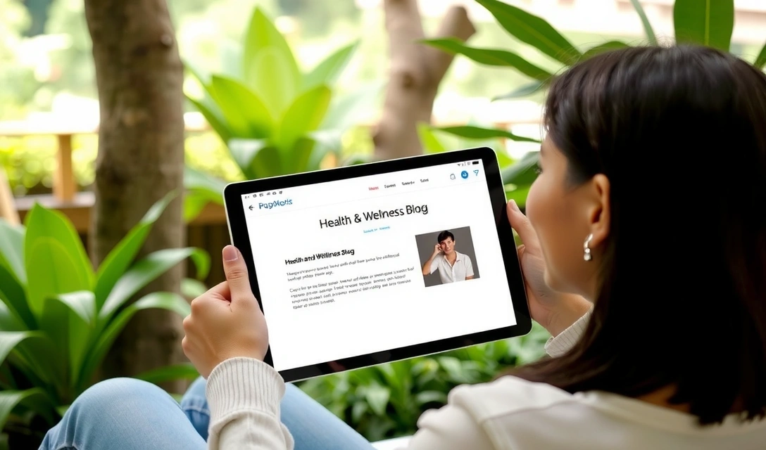 Persona leyendo un blog sobre salud en una tableta en un entorno natural y relajante.