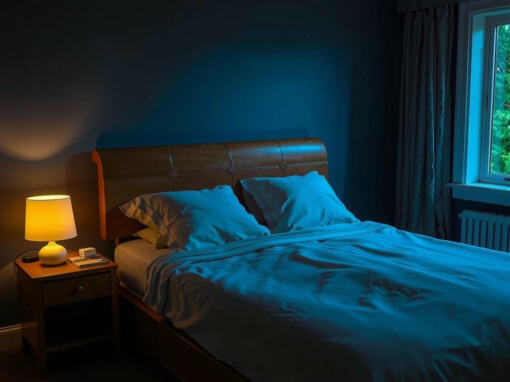 Dormitorio acogedor y oscuro con una cama bien hecha y luz tenue de una lámpara de noche, transmitiendo una sensación de calma para un sueño reparador