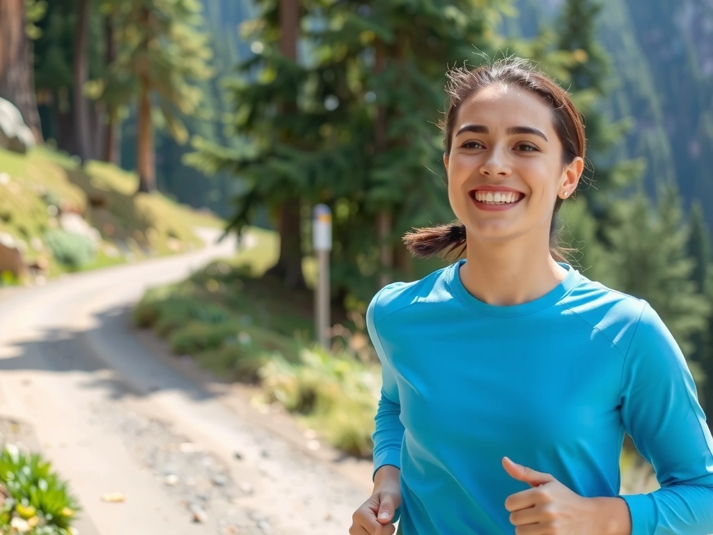 Persona corriendo al aire libre en un sendero rodeado de naturaleza con una sonrisa, simbolizando la alegría de la actividad física
