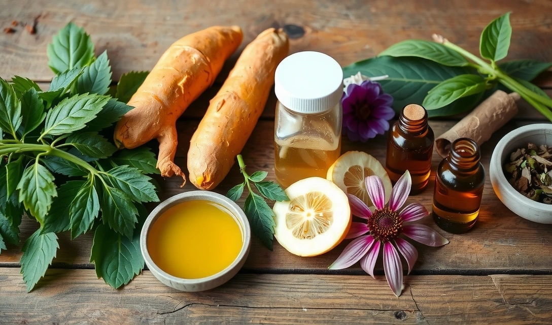 Variedad de extractos vegetales y hierbas medicinales, mostrando cúrcuma, ginseng y equinácea