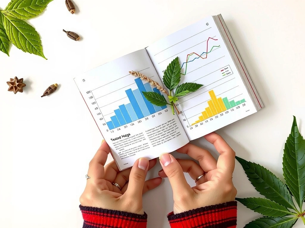 Manos sosteniendo un libro abierto sobre ciencia y naturaleza, con gráficos y plantas.