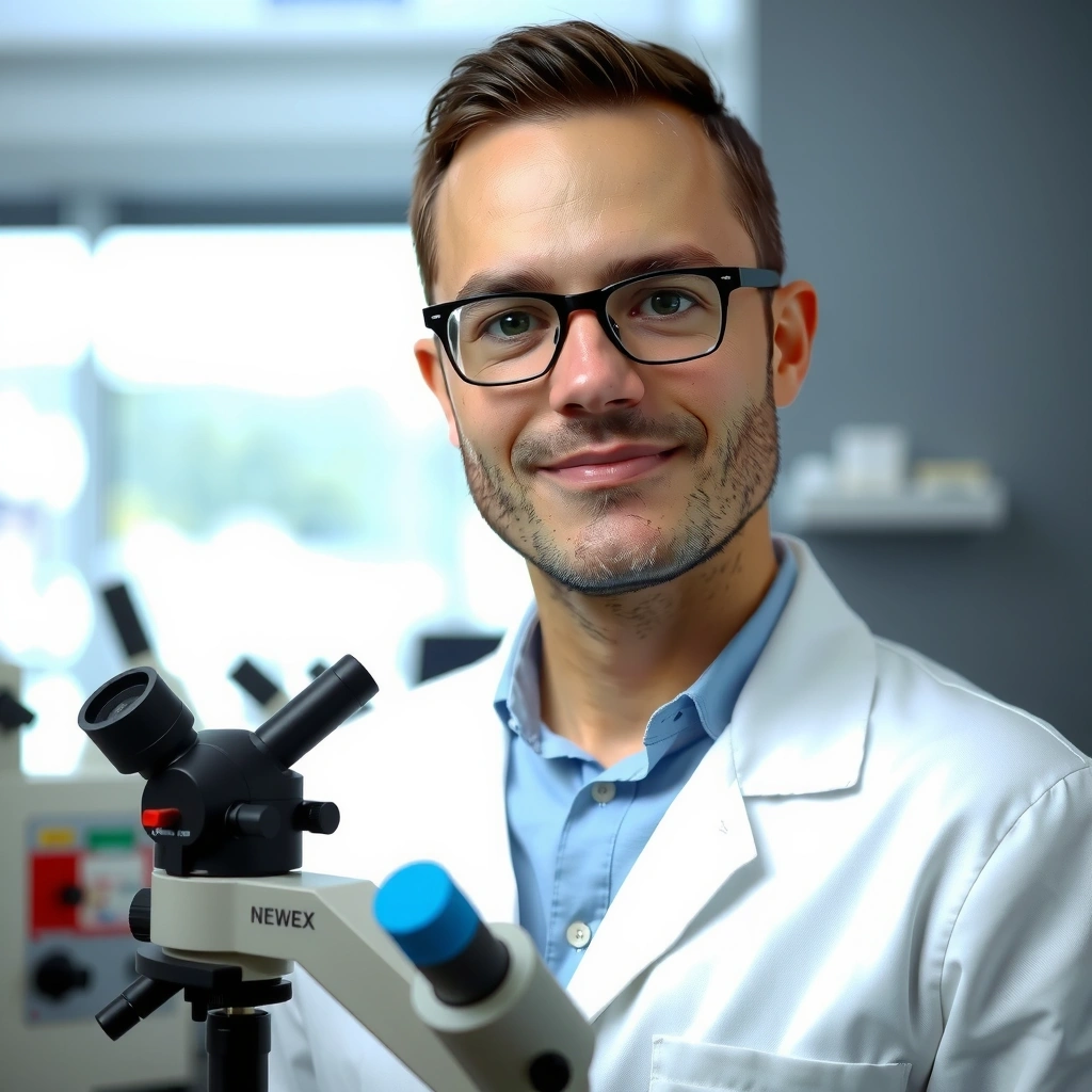 Profesor Javier Ramos, Bioquímico e Investigador, en un laboratorio con microscopio.