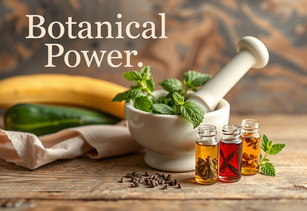 Extractos vegetales en un mortero con hierbas frescas