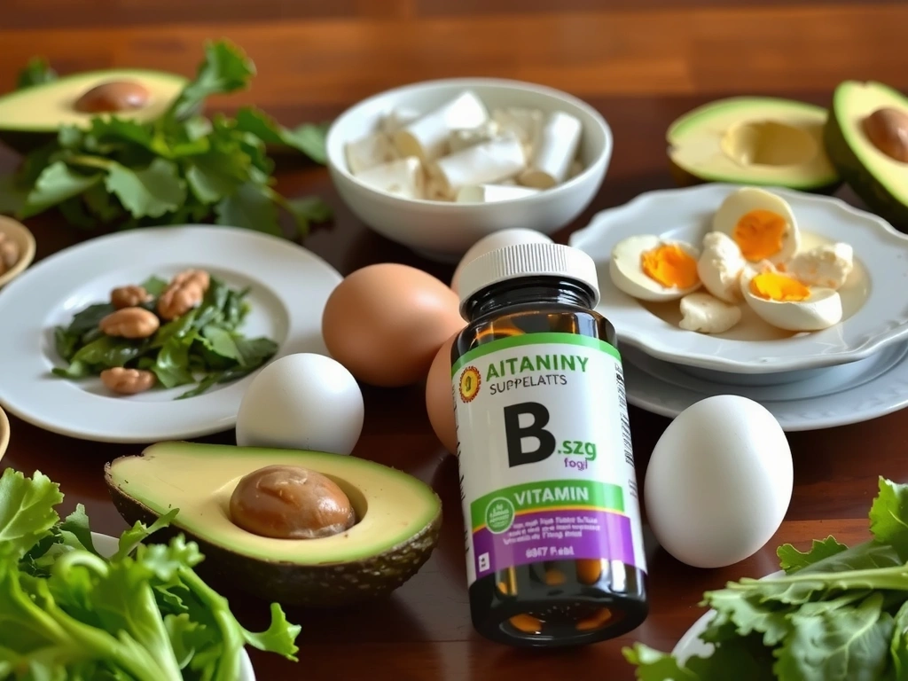Una mesa llena de alimentos saludables como aguacates, nueces, verduras de hoja verde y huevos, junto a un frasco de suplementos de vitamina B.