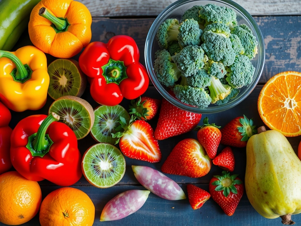 Variedad de frutas y verduras ricas en Vitamina C