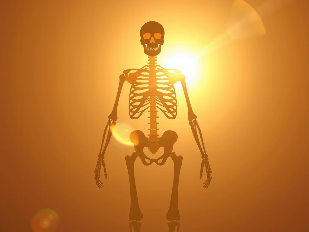 Esqueleto humano estilizado con rayos de sol incidiendo sobre él, mostrando la importancia de la Vitamina D para los huesos y el cuerpo.