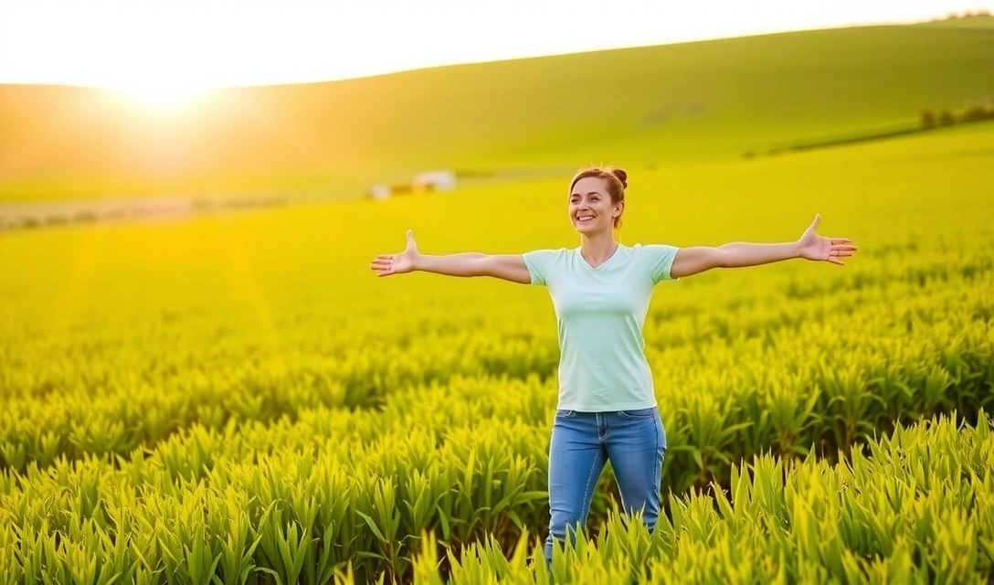 Persona disfrutando del sol en un campo verde, simbolizando la Vitamina D