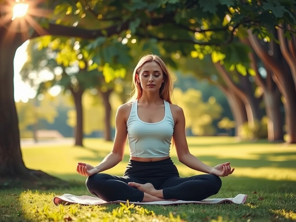 Una persona meditando tranquilamente en un entorno natural con luz solar suave, simbolizando el bienestar y la paz.